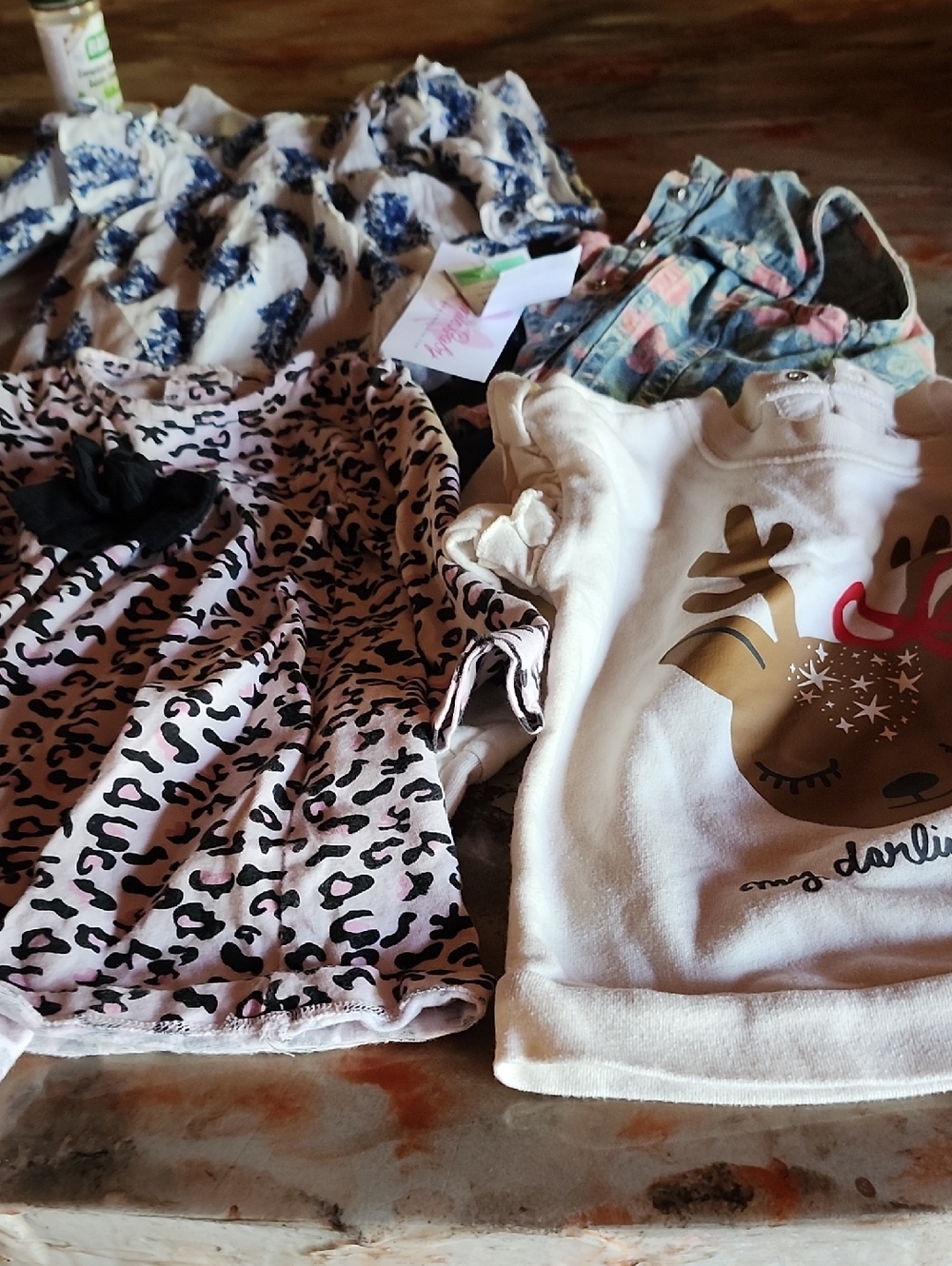Girls Mixed Outfit Bundle  Leopard Dress + White Reindeer Top Jean Vest Dress